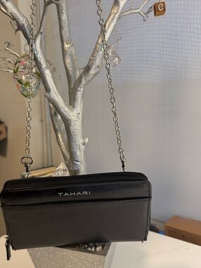 Tahari Black Leather Chain Strap Wallet Crossbody